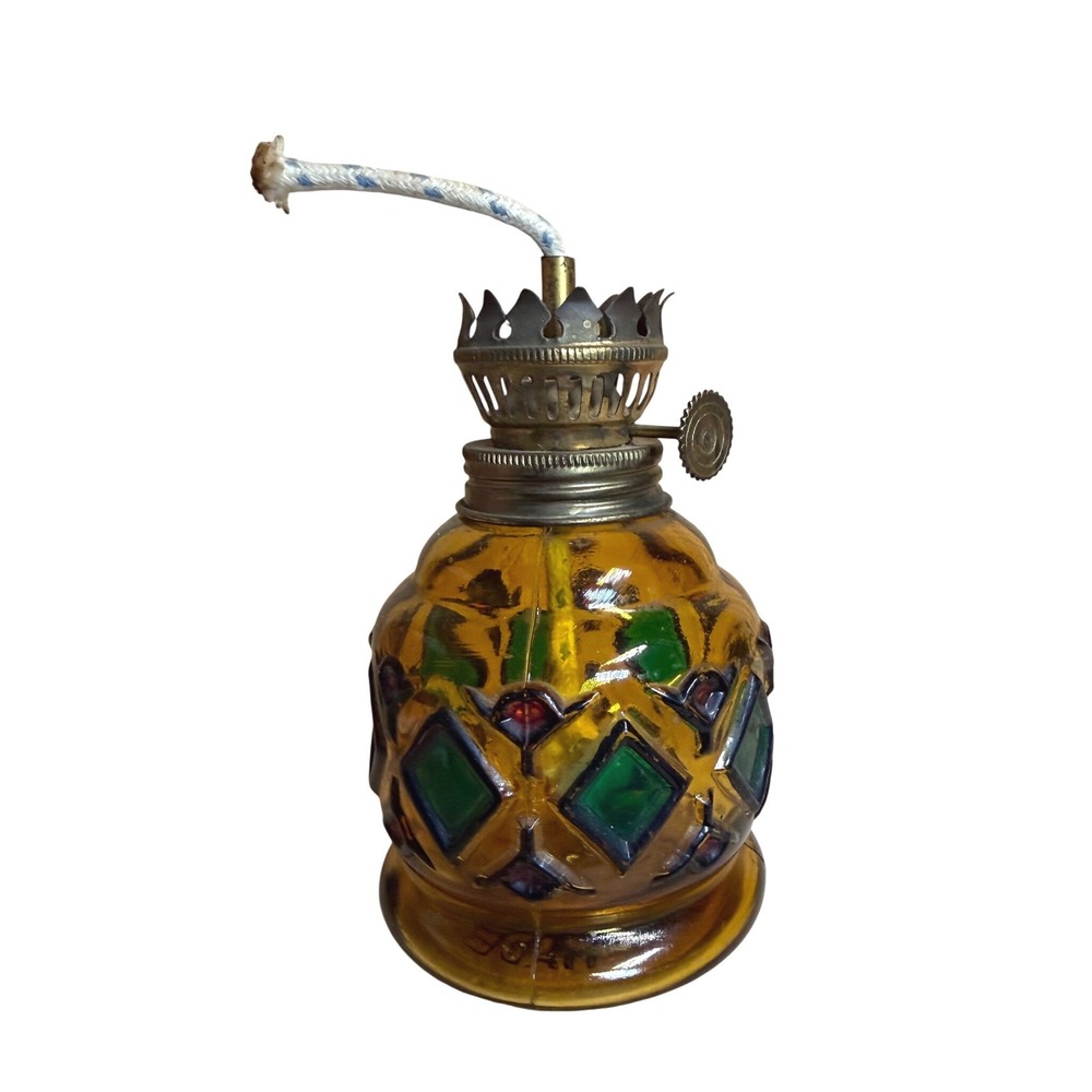 Vintage Amber Glass Mini Oil Lamp Stained Glass Diamond Pattern Hong Kong